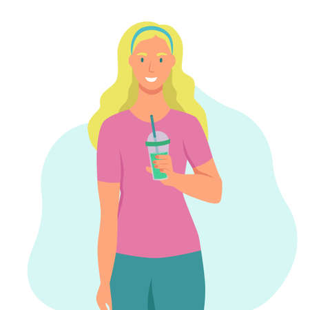 A young woman drinks a smoothie, fresh juice, a cocktail. The concept of proper nutrition, healthy lifestyle. Flat cartoon illustration.のイラスト素材