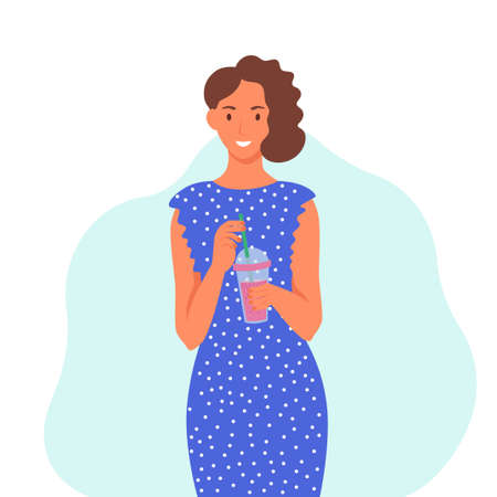 A young woman in a blue dress drinks a smoothie, fresh juice, a cocktail. The concept of proper nutrition, healthy lifestyle. Fat cartoon illustration.のイラスト素材
