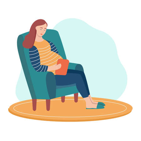 A young pregnant woman sits in a chair and holds a tablet in her hands. The concept of everyday activities and daily life. Flat cartoon vector illustration.のイラスト素材