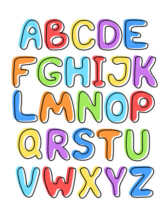 Hand-drawn cute English alphabet. Green, yellow, red and white letters on a white background. Vector illustration.のイラスト素材