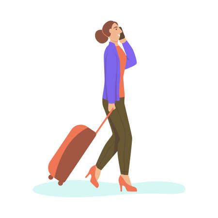 A young woman with a suitcase is walking and talking on the phone.のイラスト素材