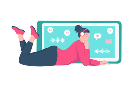A young woman is lying on the floor and listens to music with headphones. Concept podcast, music lover, online radio, audiobook, daily life. Flat vector illustration.のイラスト素材