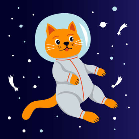 The character is an astronaut cat. A kitten in a space suit in space against the background of stars. Cartoon vector illustration.のイラスト素材