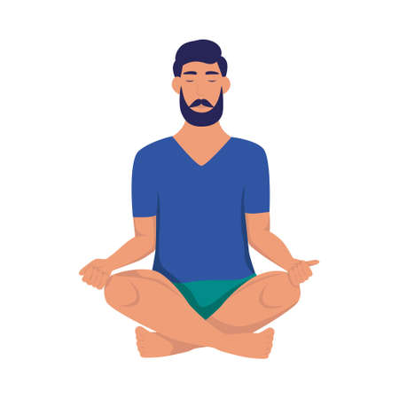 A young man meditates. Sports at home, yoga, healthy lifestyle. Flat cartoon vector illustration.のイラスト素材