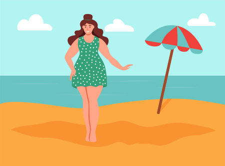 Young curvy woman on the beach. Body positive, self-love. Flat cartoon vector illustrationのイラスト素材