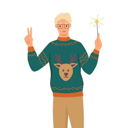 A man in an ugly sweater with a deer holding a sparkler.. A young boy celebrate the new year, Christmas. Flat cartoon vector illustrationのイラスト素材