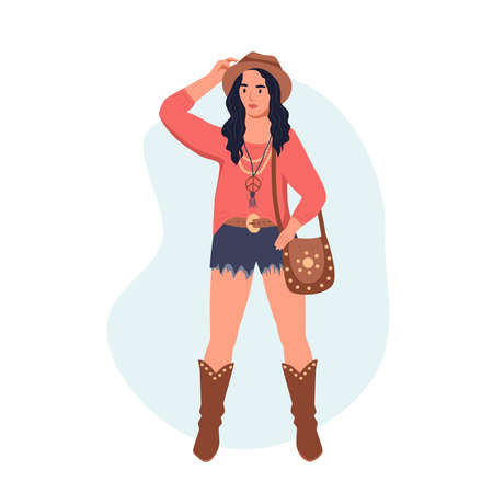 Boho outfits. A young woman in a hat, cowboy boots, shorts and blouse. Fashionable girl in boho style. Flat vector illustrationのイラスト素材