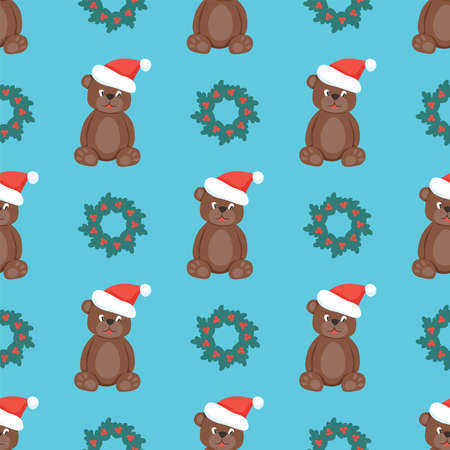 Seamless pattern of a bear in a Santa Claus hat and a Christmas wreath on a blue background. Flat vector illustrationのイラスト素材