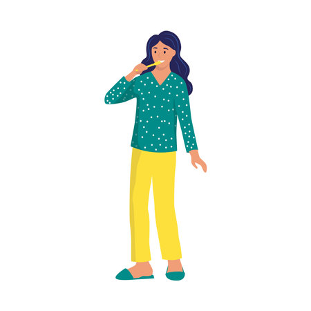 A young woman is brushing her teeth. Flat vector illustrationのイラスト素材