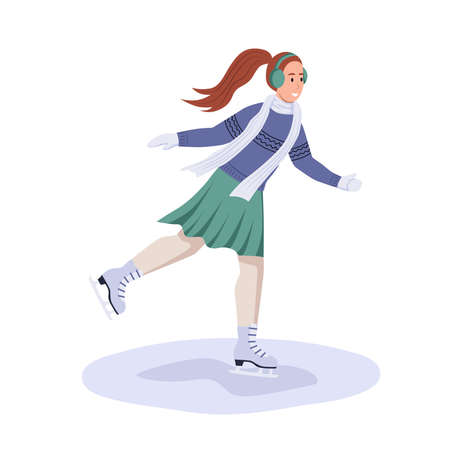 A young woman is skating. Winter fun games. Flat vector illustrationのイラスト素材