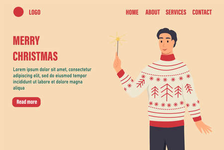 Merry Christmas landing page vector template. Man in ugly sweaters with sparklers. Celebrate traditional winter event web banner. Flat vector illustrationのイラスト素材