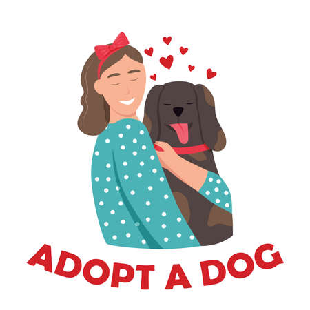 A young woman with a dog. Pet owner. Lettering adopt a dog. Flat vector illustrationのイラスト素材