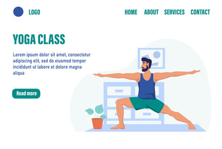 Yoga class landing page vector template. A man does sports at home. flat vector illustrationのイラスト素材