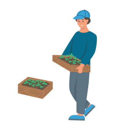 Gardening on the farm. A young man works in the garden, a farmer carries a box of seedlings. Flat cartoon vector illustration.のイラスト素材