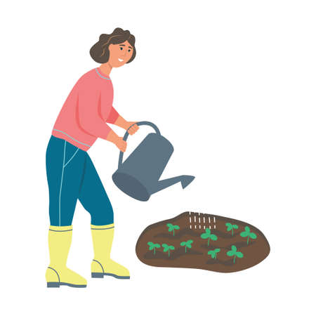 Gardening on the farm. A young woman is working in the garden, the farmer waters the plants. Flat cartoon vector illustration.のイラスト素材