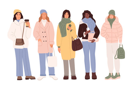 Character set. A young woman in winter clothes. street style girl. Stylish people in fashionable clothes. flat vector illustrationのイラスト素材