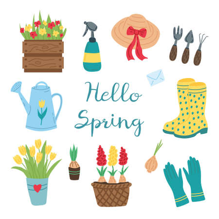 Spring set of handdrawn garden items. Flat vector illustration.のイラスト素材