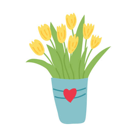 Handdron bucket with tulips. Flat vector illustration isolated on a white background.のイラスト素材