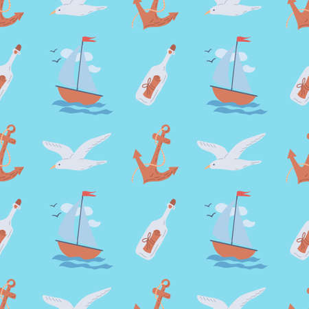 Seamless summer pattern on a marine theme. flat vector illustrationのイラスト素材