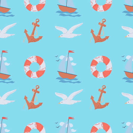 Seamless summer pattern on a marine theme. Seagull, anchor, lifebuoy. flat vector illustrationのイラスト素材