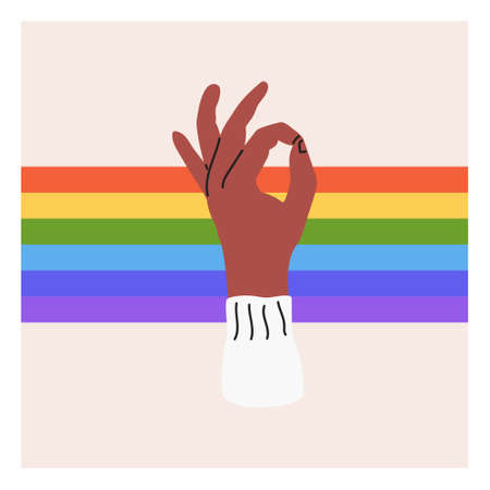 The hand shows the ok sign on the background of LGBT colors. Pride month, LGBT flag, rainbow. flat vector illustrationのイラスト素材