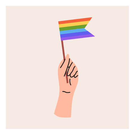 A hand holds an LGBT flag. Pride month, LGBT flag, rainbow. flat vector illustrationのイラスト素材