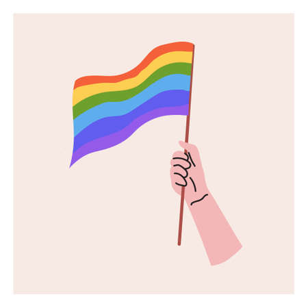 A hand holds an LGBT flag. Pride month, LGBT flag, rainbow. flat vector illustrationのイラスト素材