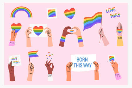 A set of elements of LGBT symbols. Hands holding flags, posters and hearts in the colors of the LGBT flag. Month of pride, rainbow, love wins. flat vector illustrationのイラスト素材