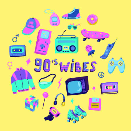 A set of clothes and appliances in the style of the 90s. Nostalgia, neon, bright colors, grunge. flat vector illustrationのイラスト素材