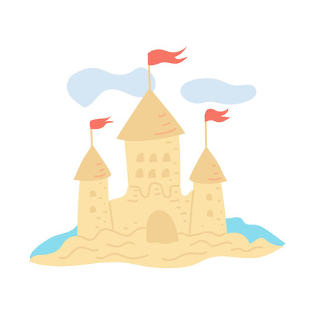 Sand castle, painted in doodle style. summer collection. flat vector illustrationのイラスト素材