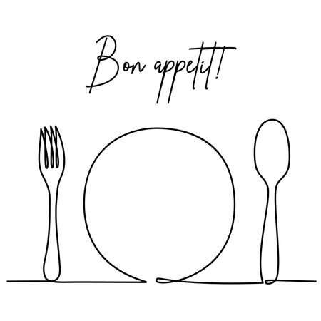 Cutlery as a serving in a restaurant or cafe - fork, plate, spoon. Bon appetit. Continuous one line drawing. Minimalist single line art, abstract hand drawn style.Vector illustration, eps10のイラスト素材