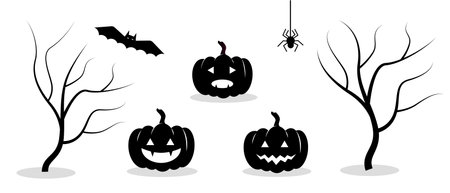 Set Halloween black silhouettes of pumpkins with smile, spider, bat and trees on white background. Symbols of happy Halloween holiday. Isolated Vector objects for your designのイラスト素材