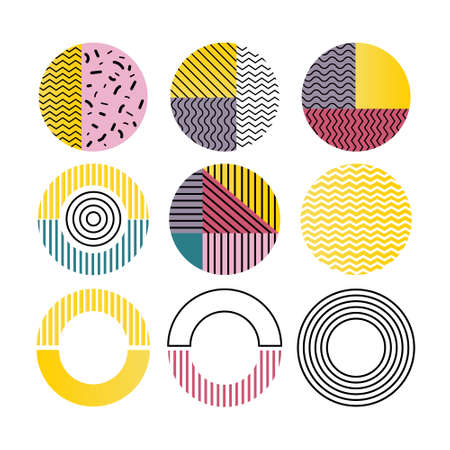 Set of Geometric Circles in Memphis Style. retro elements for web, vintage, advertisement, commercial banner, poster, leaflet, billboard, sale. Collection trendy Colorful vector geometric shapesのイラスト素材