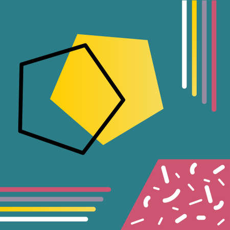 Square background with geometric shapes in Memphis style for your design project. Multi-colored and contoured simple shapes polygon and lines. Vector illustrationのイラスト素材