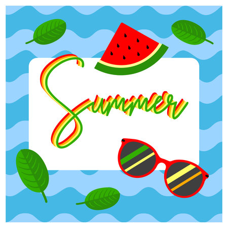 Summer Sunglasses and juicy watermelon with green leaves on the background of blue sea waves. For...