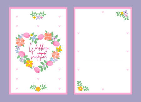 Summer wedding invitation card with hearts, leaves, tulips and other flowers. The concept of a wedding invitation. Flower poster. Vector decorative greeting card or invitation background designのイラスト素材