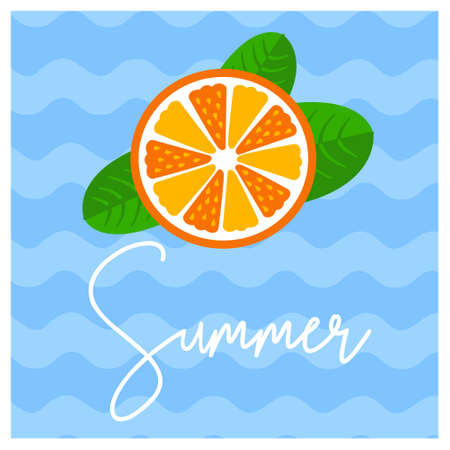 Summer bright fresh juicy orange with green leaves of irregular size on the background of blue and blue sea waves. For posts, postcards, banners, web. Vector illustration, eps10のイラスト素材
