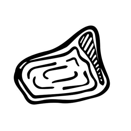 Meat steak on the bone. Beef, pork, recipe, menu. Hand drawn, doodle style black outline on a white background. For butcher shop, label prints, food. Isolated illustration. Vector illustrationのイラスト素材