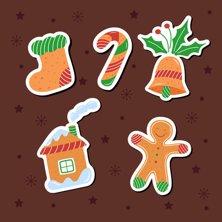Stickers of New Year and Christmas cookies - a sock, a bell, a candy, a ginger man and a house on a brown background with stars, snowflakes and circles. Vector illustration, eps10のイラスト素材