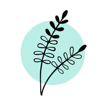 Branch of a plant hand drawn, black silhouette on green circle and white background. Design element, vector illustrationのイラスト素材