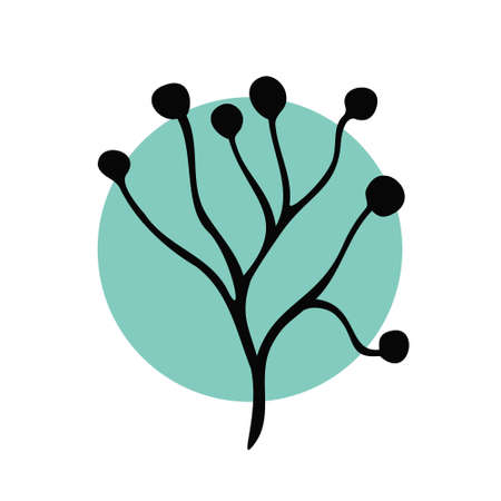 Branch of a plant hand drawn, black silhouette on green circle and white background. Design element, vector illustrationのイラスト素材