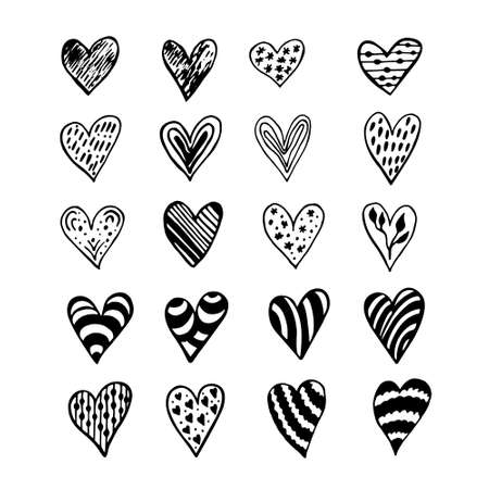 Set of twenty hearts hand-drawn, doodle. Hearts isolated on a white background. Elements for your graphic design for Valentines, Valentines day or wedding. Vector illustrationのイラスト素材