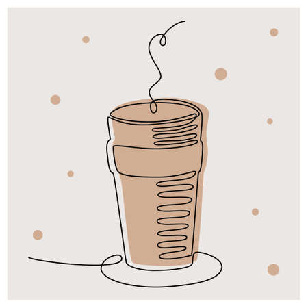 Continuous one line drawing of coffee. Black single line art isolated on brown background. Minimalist illustration of coffee to go. Cup of coffee with steam. Vector illustrationのイラスト素材