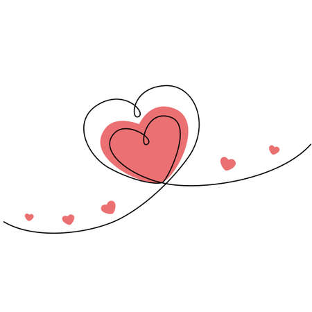 Continuous one line drawing of hearts. Black single line art isolated on white background with red spots in shape of heart. Vector illustration of love concept. Abstract love symbol for Valentines dayのイラスト素材