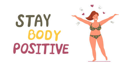 Happy woman with overweight plus size in swimsuit enjoying life and spread arms to sides. Concept of body positive, acceptance of your body and love for your body. vector illustrationのイラスト素材
