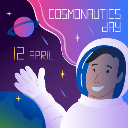 Cosmonautics Day. April 12 International Day of Human Space Flight. Cosmonaut in space suits in spacewalk on dark background near earth. flat vector illustration of cosmosのイラスト素材