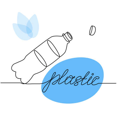 Concept of Recycle plastic. One continuous line drawing of minimalist Plastic Bottle drink with lid and lettering word Plastic. vector line art illustrationのイラスト素材