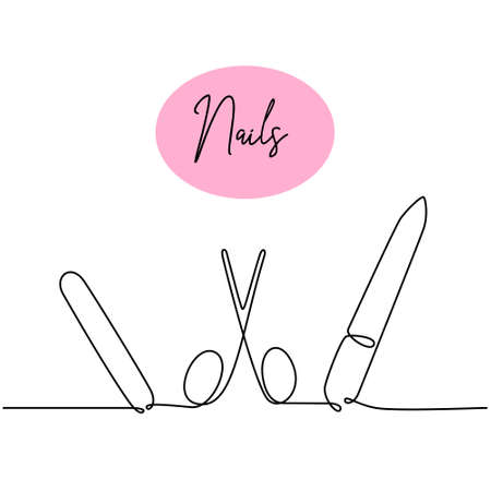 Manicure and pedicure tools scissors and nail files for cosmetic procedures. Continuous one line drawing, single line art. vector illustrationのイラスト素材