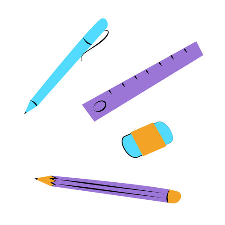 office supplies on white background. Pen, pencil, eraser, ruler. back to school. vector illustration.のイラスト素材