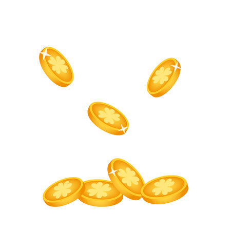 Gold coins with four leaves clover for Saint Patrick's day. Vector illustration isolated on white background.のイラスト素材